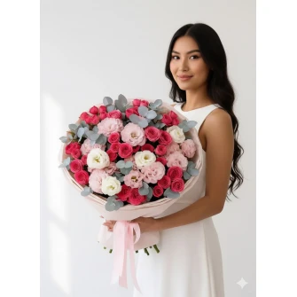 Букет из спрей роз, лизиантусов и эвкалипта